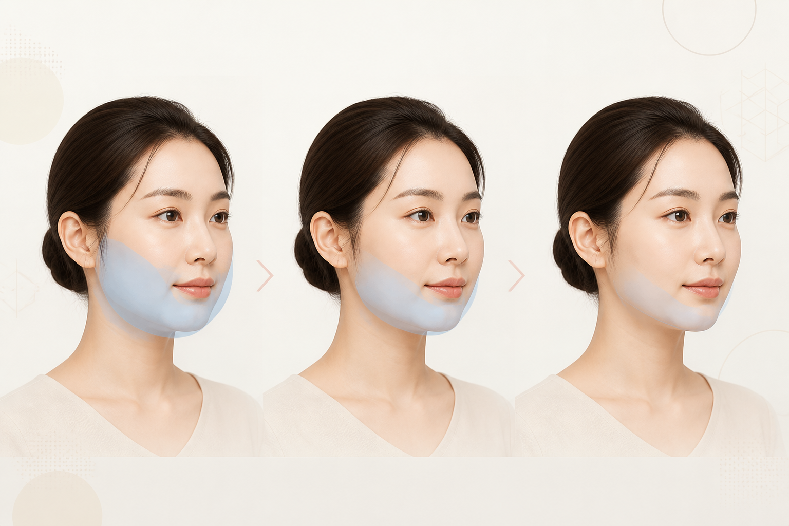 얼굴지방흡입 후 붓기가 단계적으로 줄어드는 과정을 표현한 설명 이미지