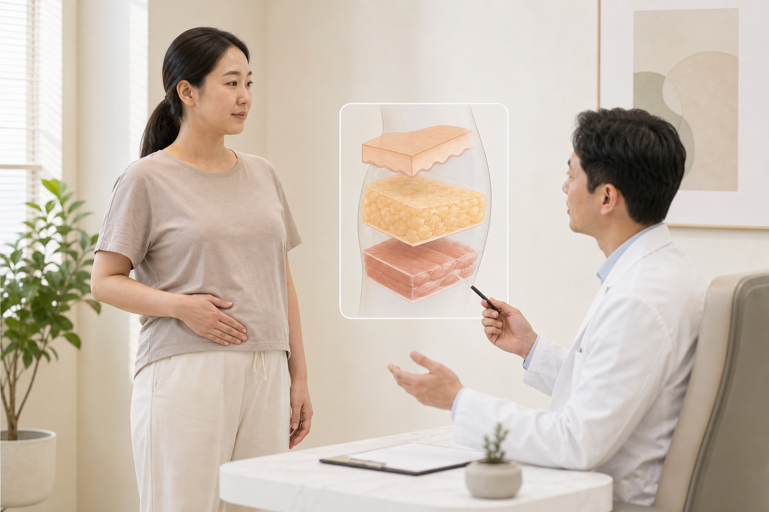 출산 후 복부의 피부 지방층 근육층을 구분해 상담하는 설명 이미지