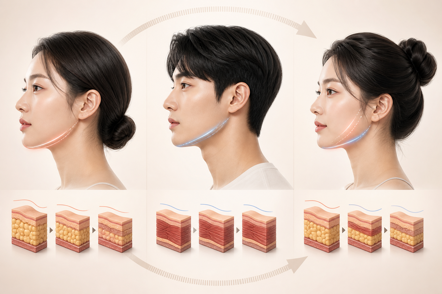 얼굴 유형별 윤곽주사 반응 차이를 비교한 의료 설명 이미지