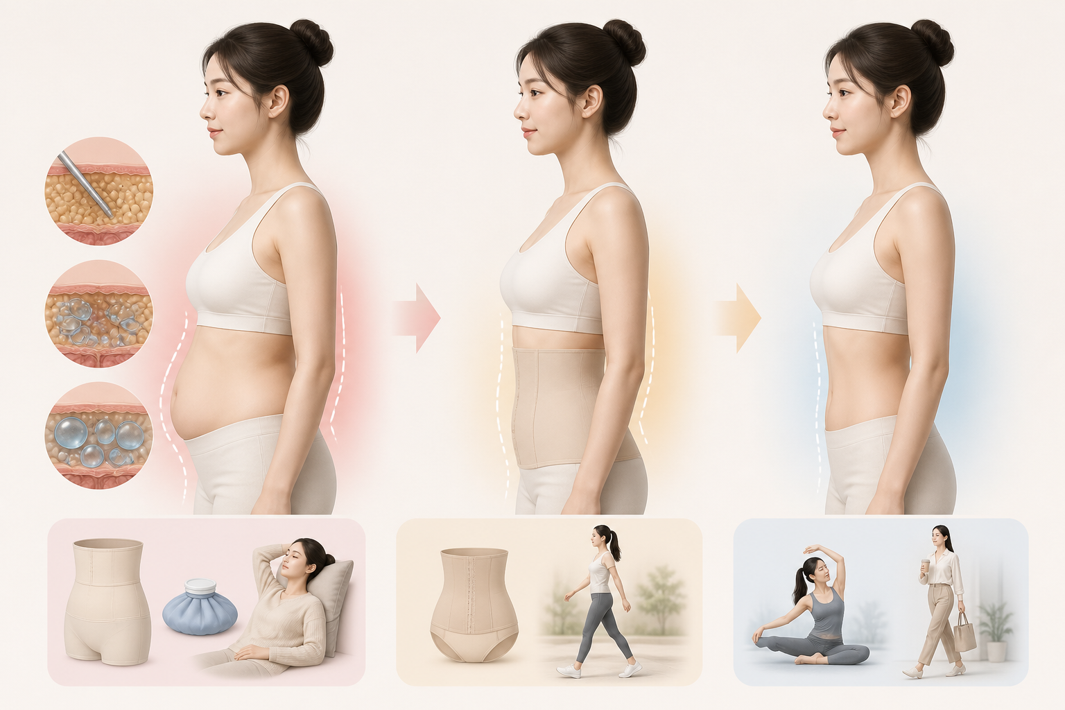 지방흡입 후 붓기가 줄고 일상으로 복귀하는 회복 단계를 설명한 이미지