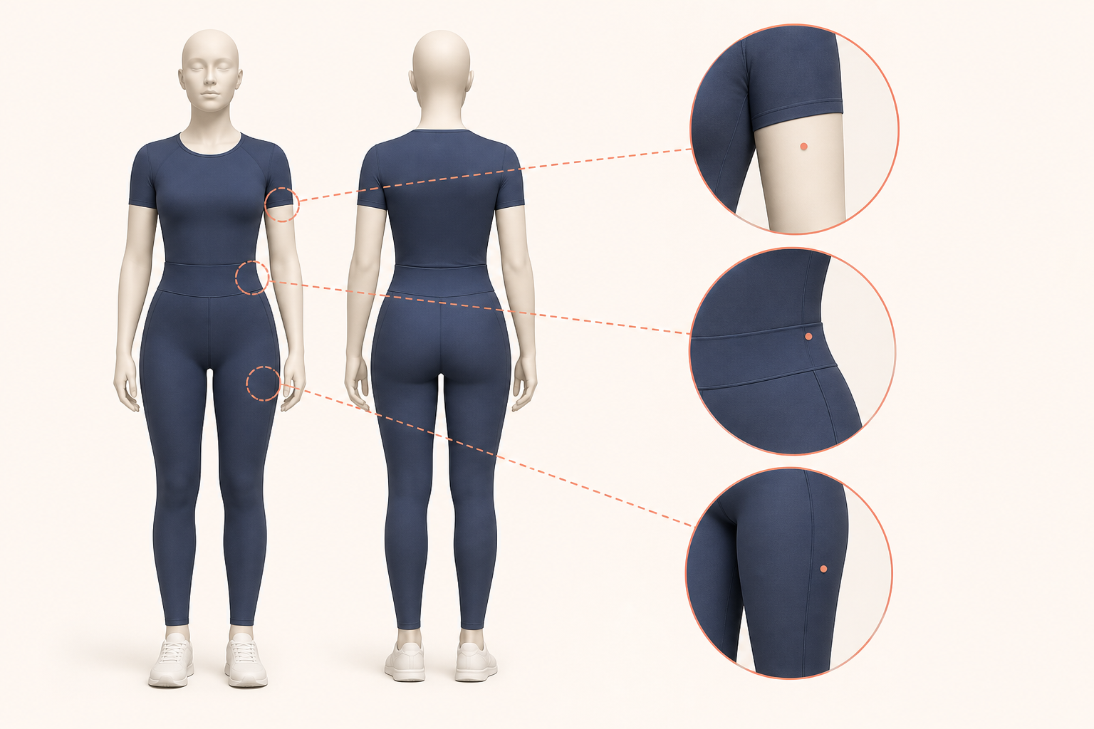 Illustration marking liposuction access points placed near natural creases on the arm, abdomen, and thigh