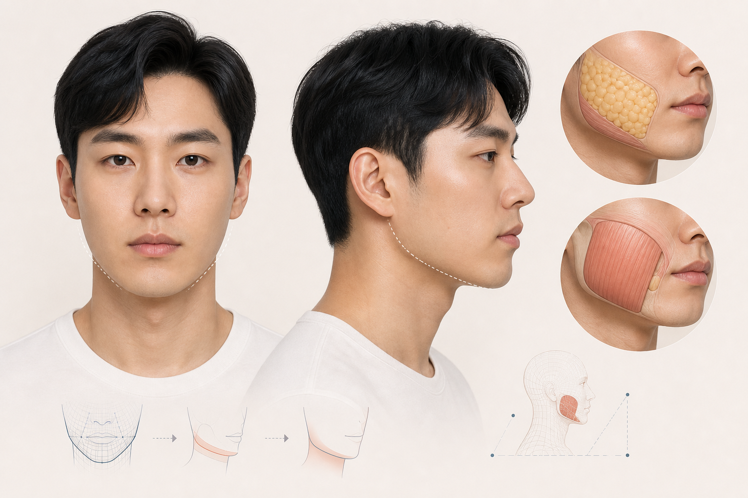 남성 턱선의 얼굴 지방과 교근 구조를 설명한 이미지