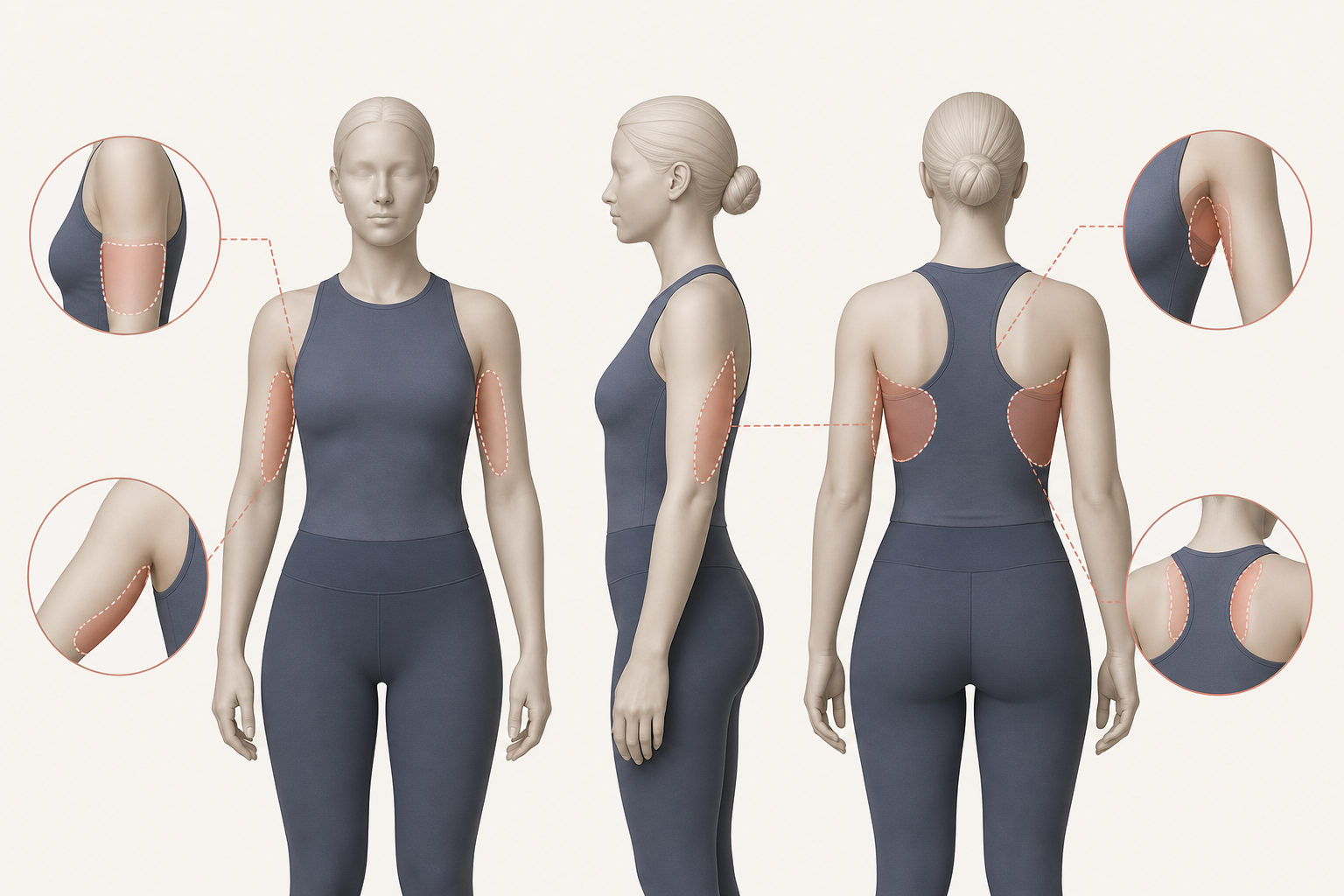 二の腕と副乳と背中や肩へのつながりを一緒に確認する脂肪吸引の範囲を表した画像