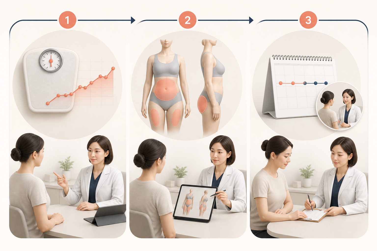 Illustration of planning the sequence between weight-loss medication and liposuction by assessing weight change and localized fat