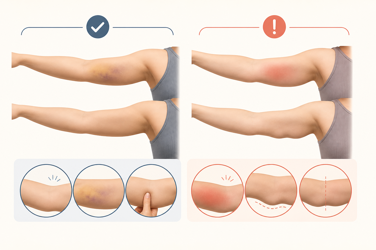 팔 지방흡입 후 정상 회복 징후와 진료 확인이 필요한 변화를 비교한 이미지