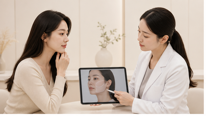 Illustration of the lower facial contour being assessed during a consultation