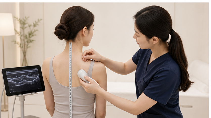 Illustration of the neck and upper back contour being assessed externally