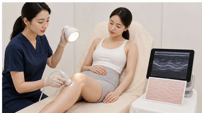 Illustration of the skin surface of the thigh being assessed non-invasively