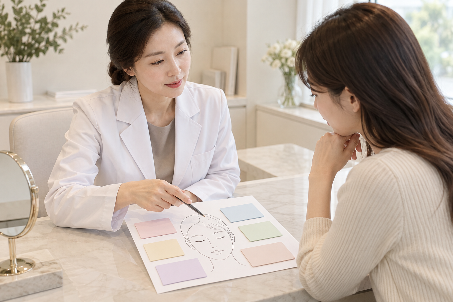 얼굴 지방이식 상담에서 여러 확인 항목을 점검하는 이미지