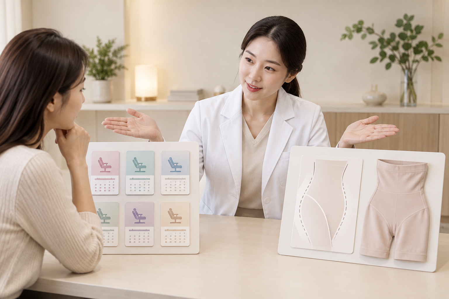 지방분해주사 반복 계획과 흡입 계획을 비교하는 이미지