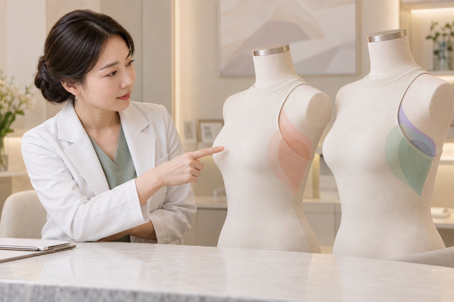 부유방 상담에서 겨드랑이 주변 조직 구성을 비교하는 이미지