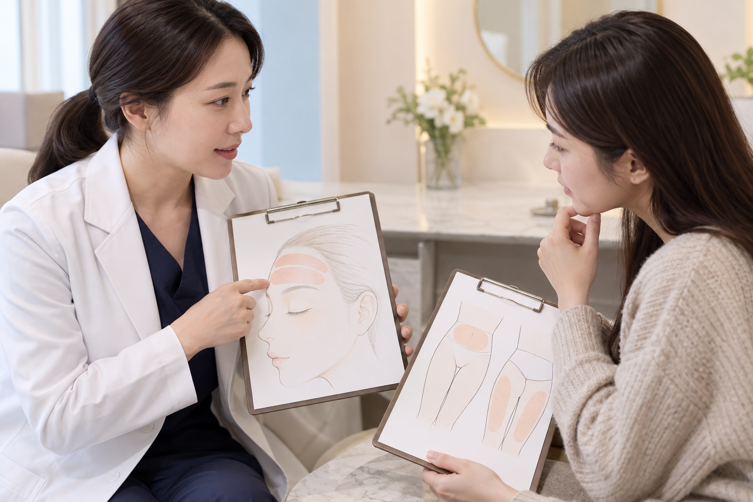 이마 지방이식 구역과 지방 채취 부위를 함께 살펴보는 이미지