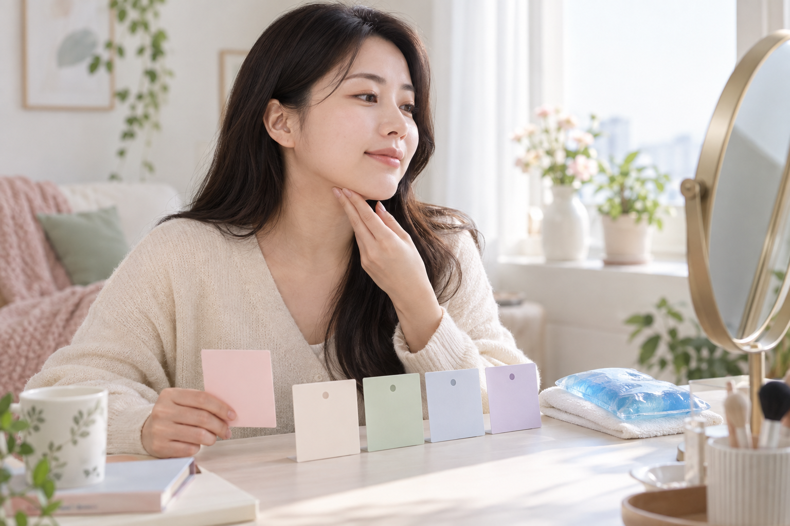 이중턱 지방흡입 뒤 단단함과 부기를 시기별로 기록하는 이미지