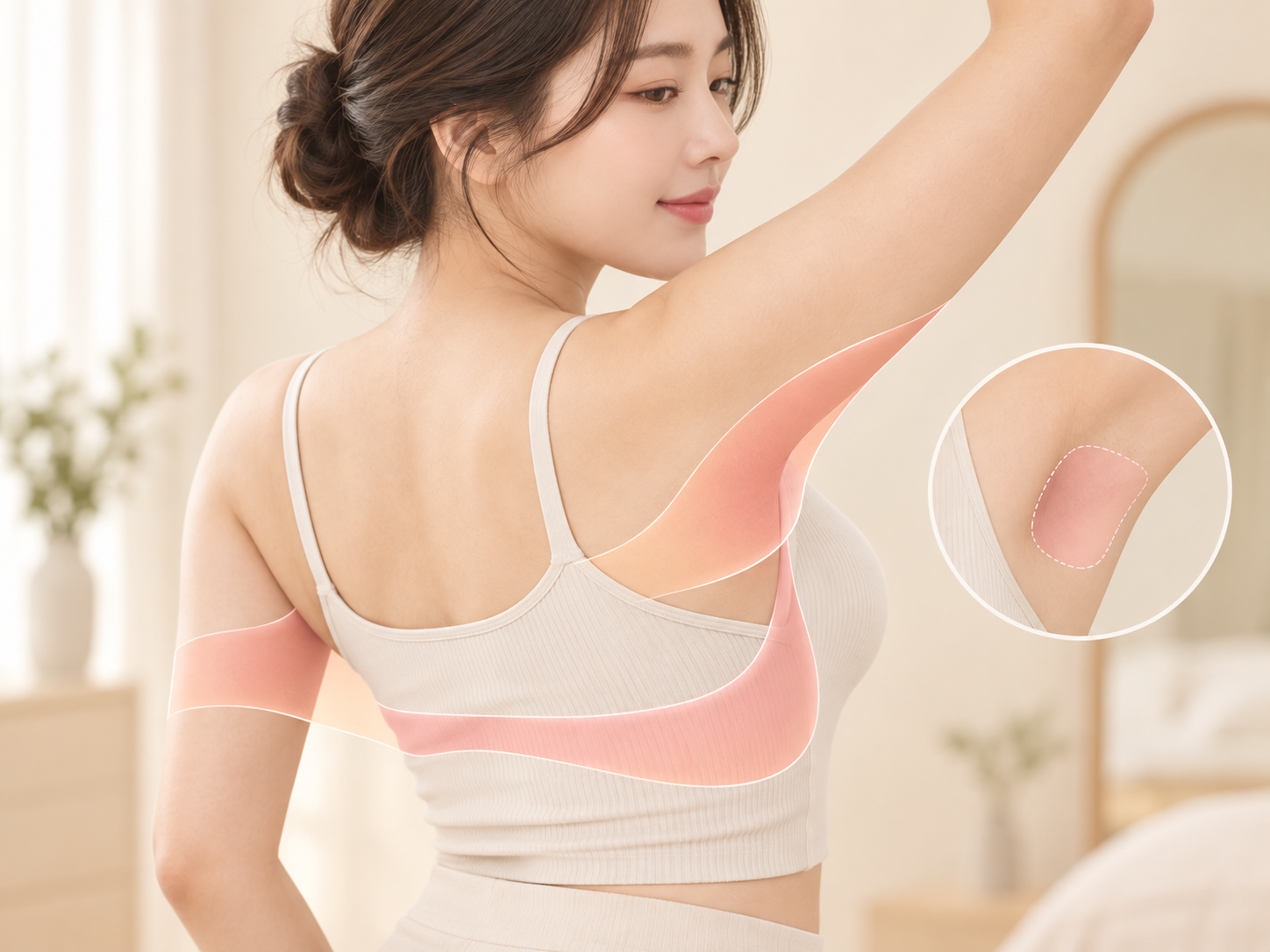 팔 뒤쪽과 겨드랑이 앞뒤와 브라라인이 상체 옆면에서 하나로 이어져 있다는 것을 나타낸 설명 이미지