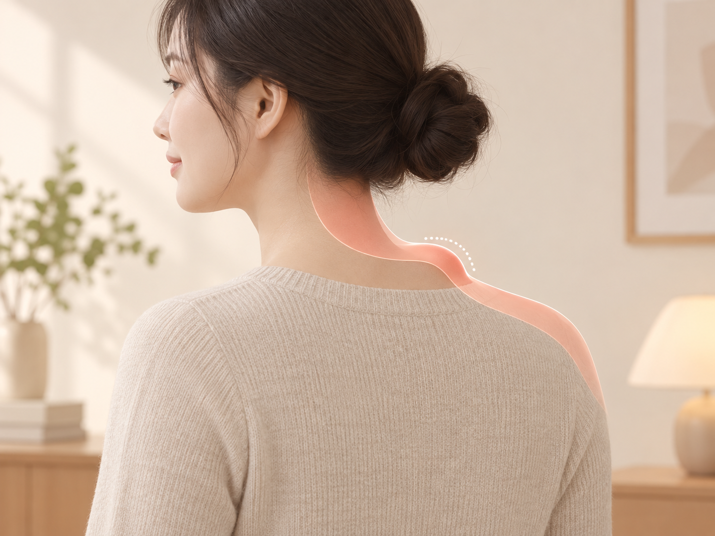 목뒤 융기가 승모근과 등 위쪽으로 이어지는 면의 일부라서 융기만 정리하면 경계가 생긴다는 것을 나타낸 설명 이미지