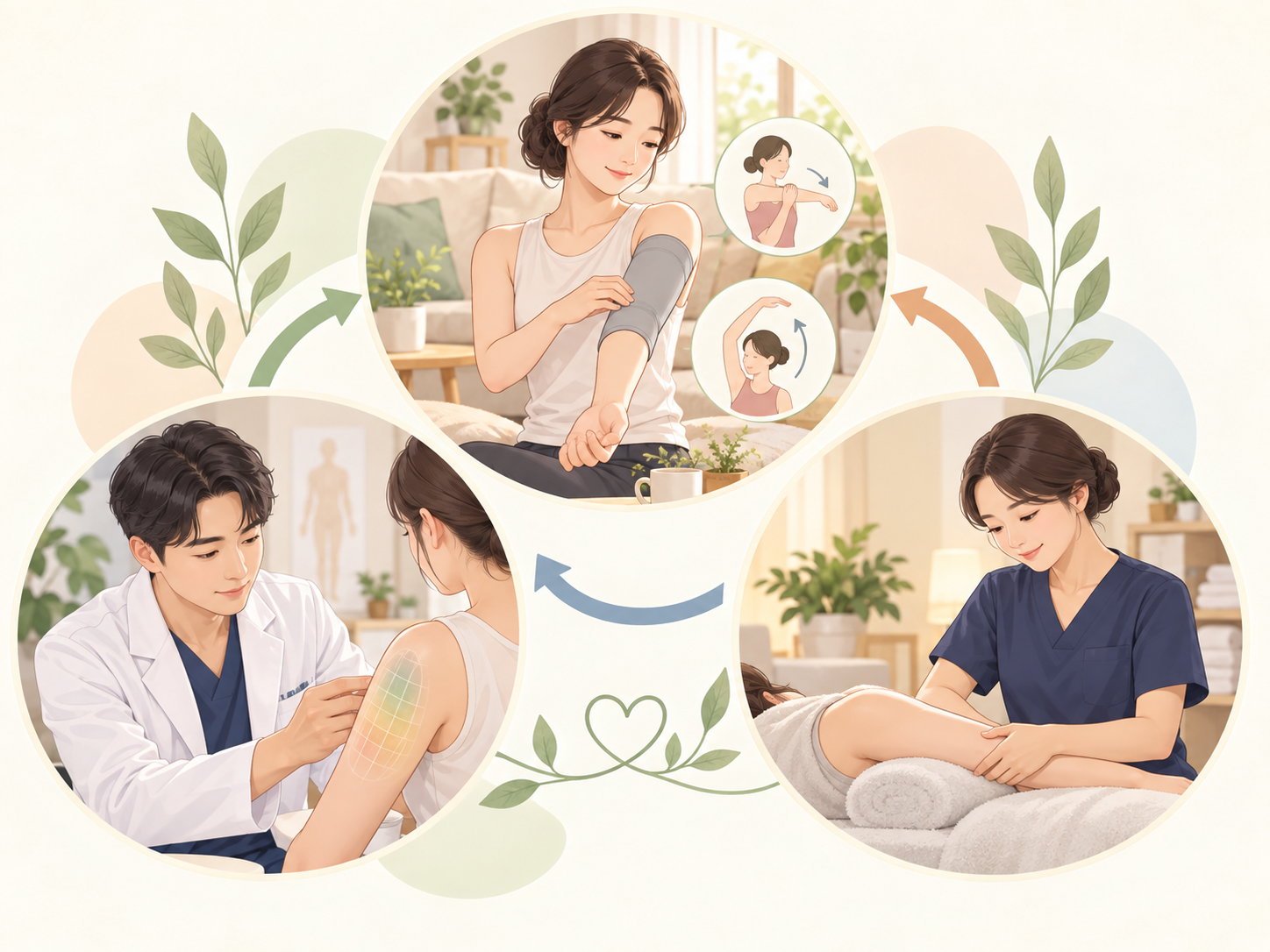 회복 과정에서 병원이 판단하는 항목과 집에서 꾸준히 하는 항목과 관리실 프로그램이 각각 어디를 맡는지 나눈 설명 이미지
