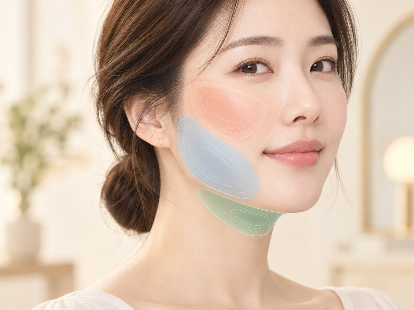 얼굴에서 볼과 심부볼과 턱밑이 각각 다른 층에 있고 역할도 달라 같은 기준으로 다루지 않는다는 것을 나타낸 설명 이미지