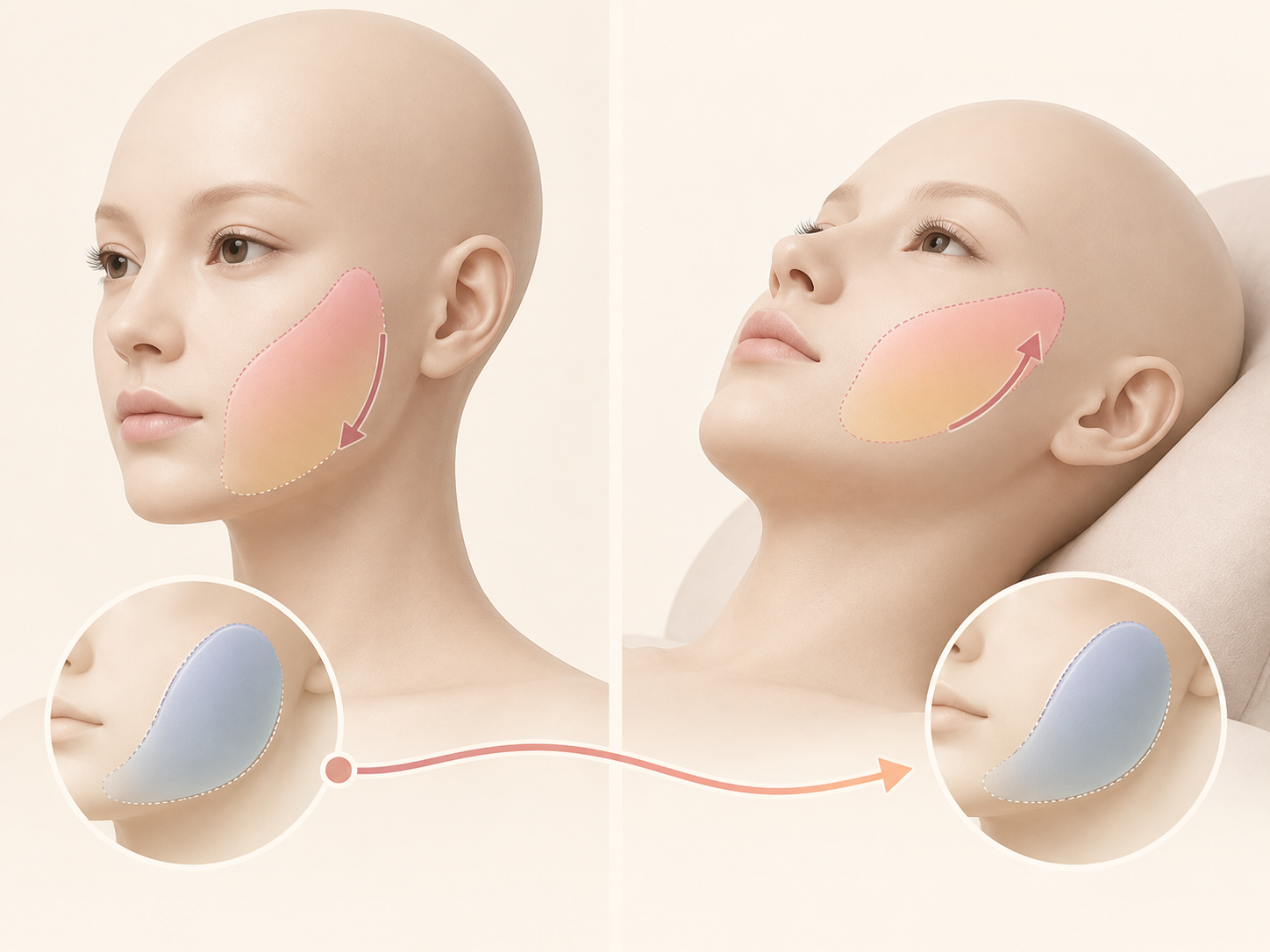 얼굴 아래쪽이 넓어 보이는 이유가 심부볼의 부피 때문인지 볼륨이 아래로 내려온 위치 때문인지 비교한 설명 이미지