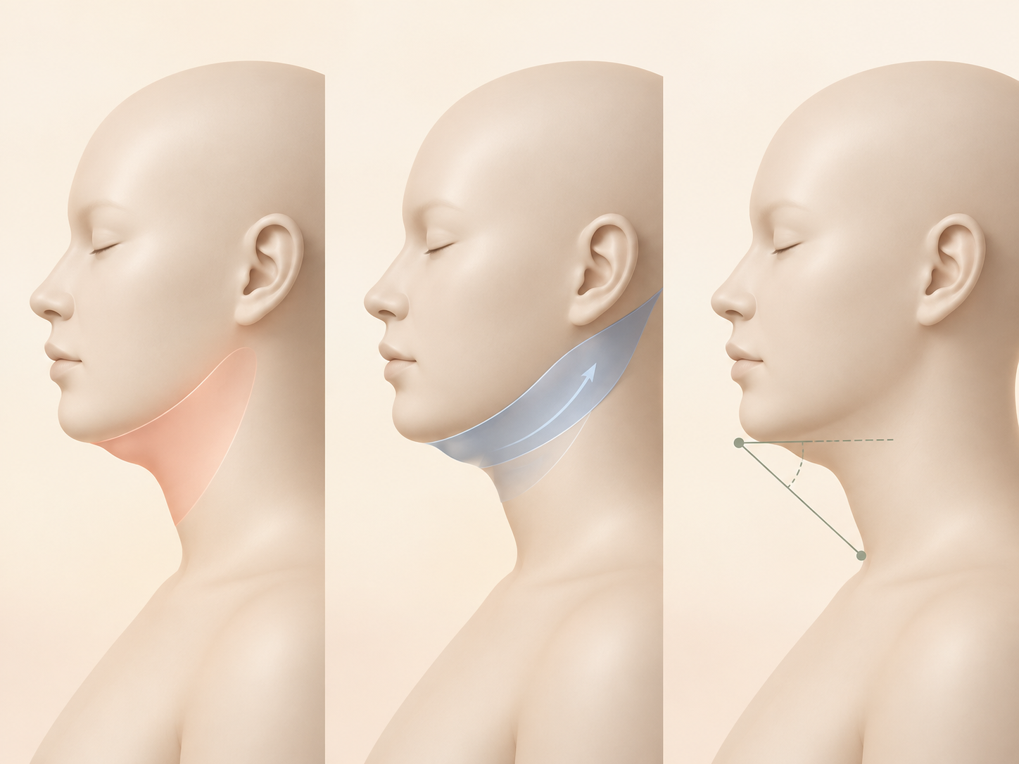 턱밑 두께를 만드는 것이 지방인지 넓은목근의 늘어짐인지 설골 위치인지 비교한 설명 이미지