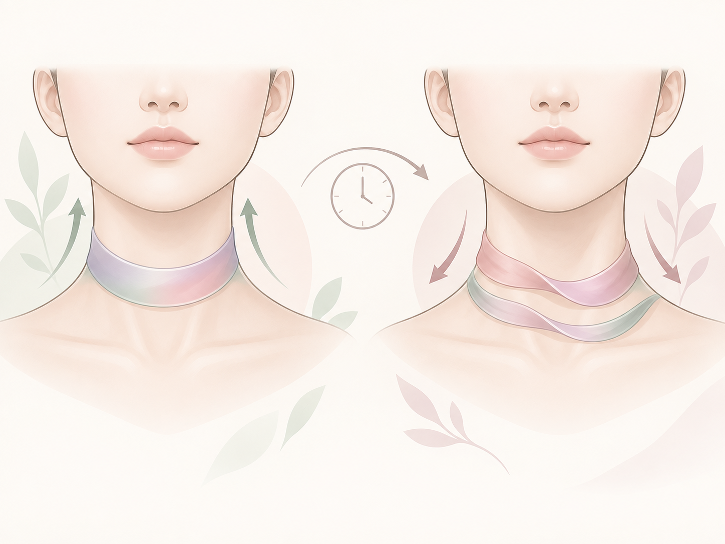 넓은목근이 제자리를 잡고 있는 턱밑과 늘어져 벌어진 턱밑에서 같은 지방을 빼도 각이 다르게 나온다는 것을 비교한 설명 이미지