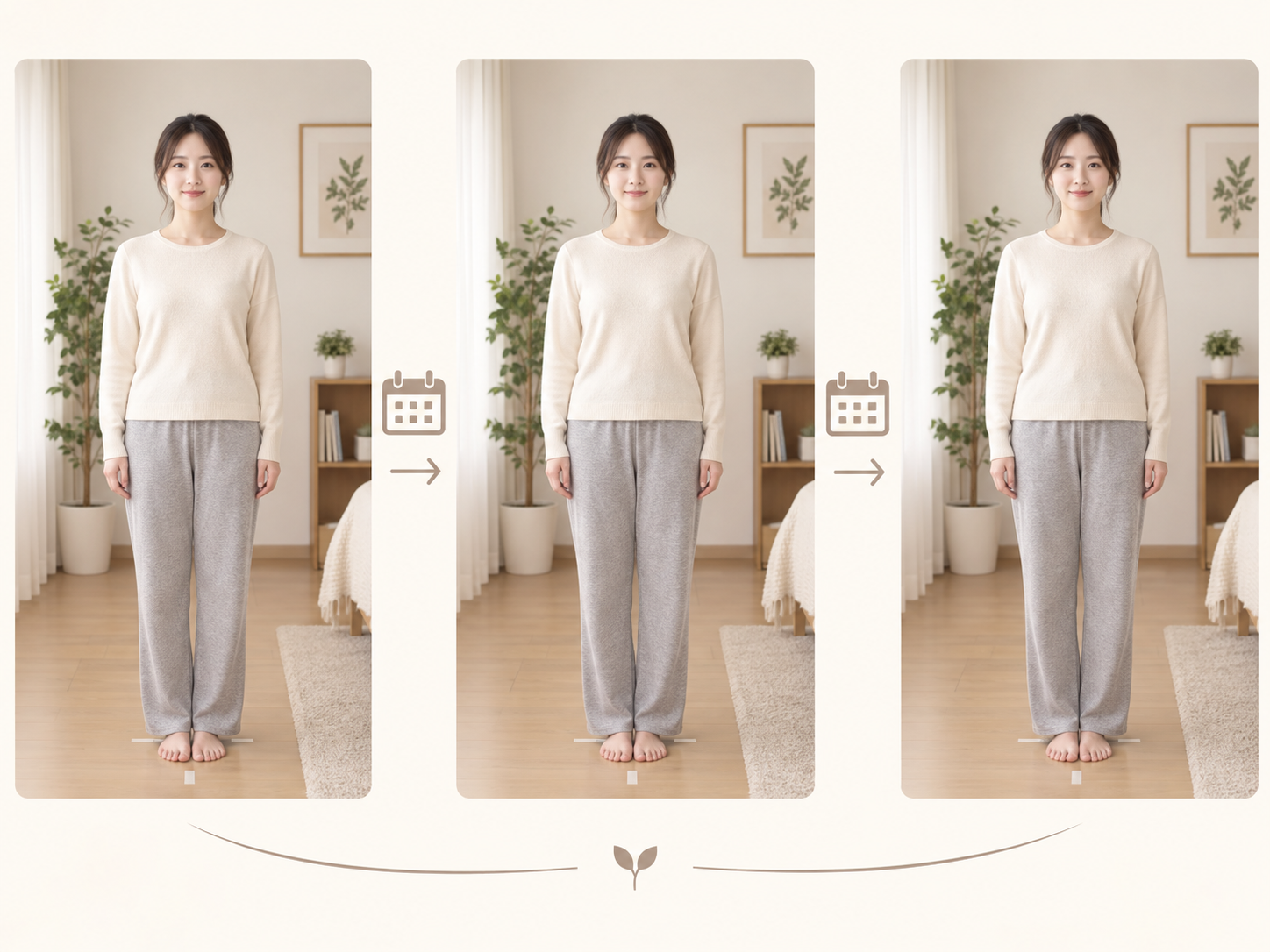 같은 장소와 같은 조명과 같은 자세로 2주 간격으로 남겨야 비교가 성립한다는 것을 나타낸 설명 이미지