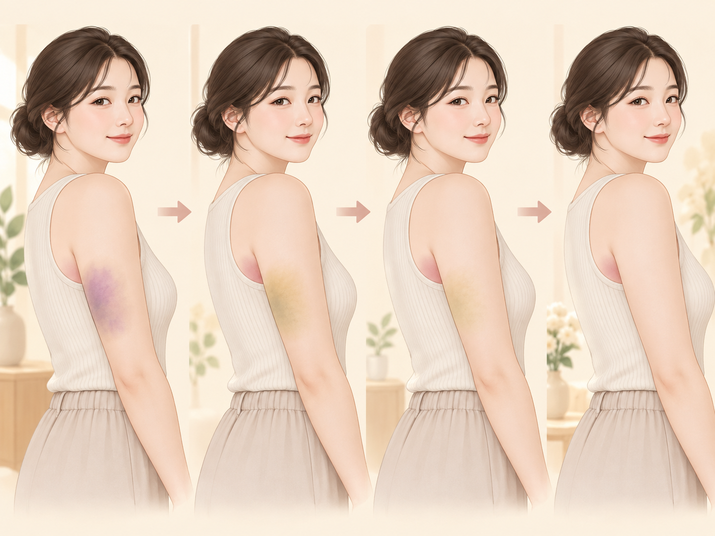 수술 직후부터 석 달까지 팔과 겨드랑이가 각각 어느 시점에 정리되는지 시차를 비교한 설명 이미지