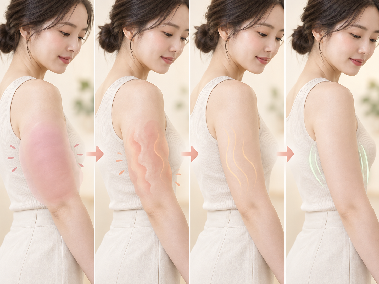 수술 직후부터 여섯 달까지 표면이 고르지 않은 원인이 부기에서 조직 뭉침으로 어떻게 바뀌는지 시간축으로 나타낸 설명 이미지