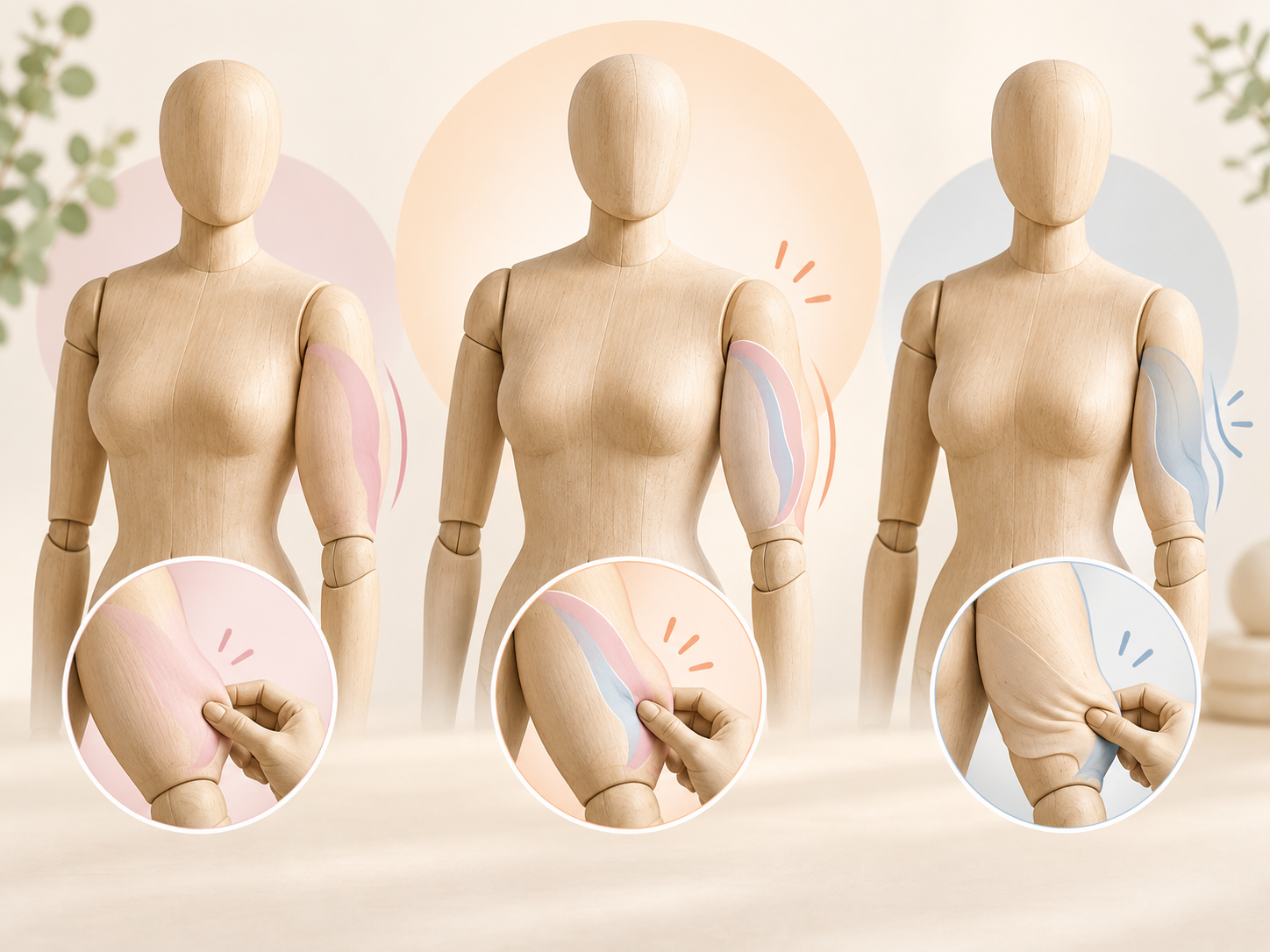 脂肪が残った腕と皮膚が残った腕のあいだに二つの条件が混ざった境目の区間があることを示した説明画像
