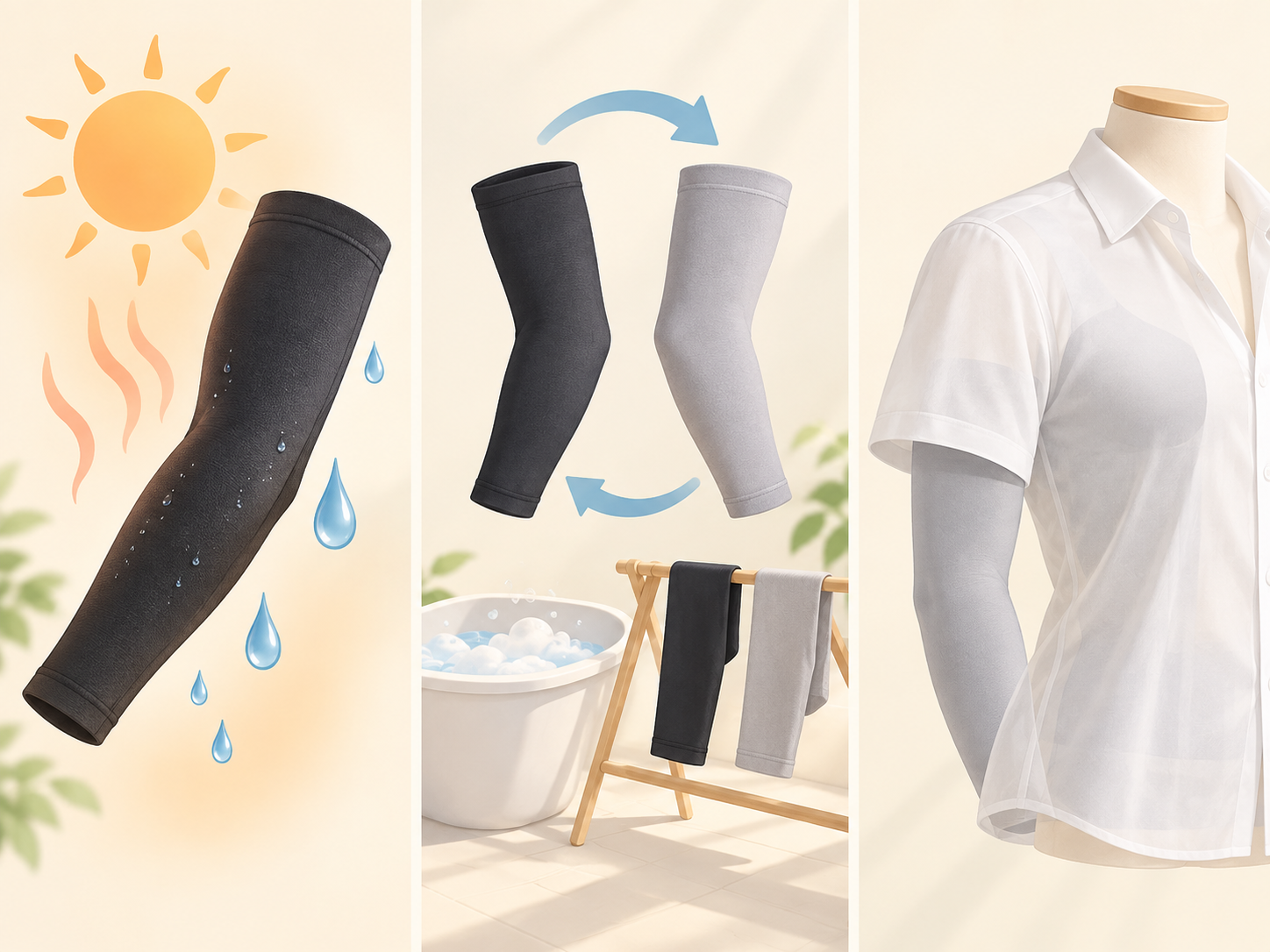 夏の圧迫着の着用における汗と洗濯と服の上に出る問題をどう扱うかを整理した説明画像