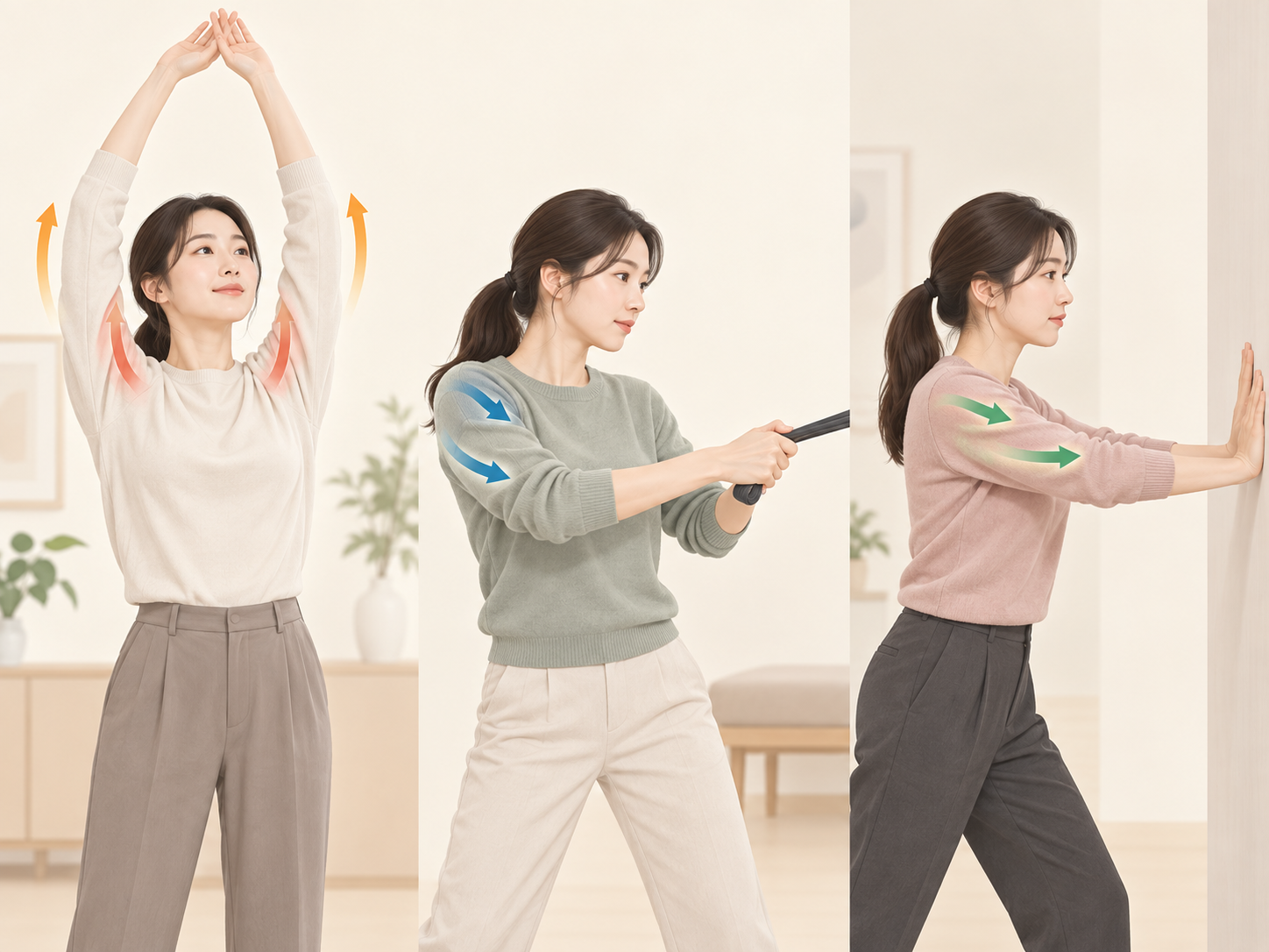 腕の手術後に肩より上に上げる動作と引く押す動作がどの場所に張力をかけるのかを示した説明画像