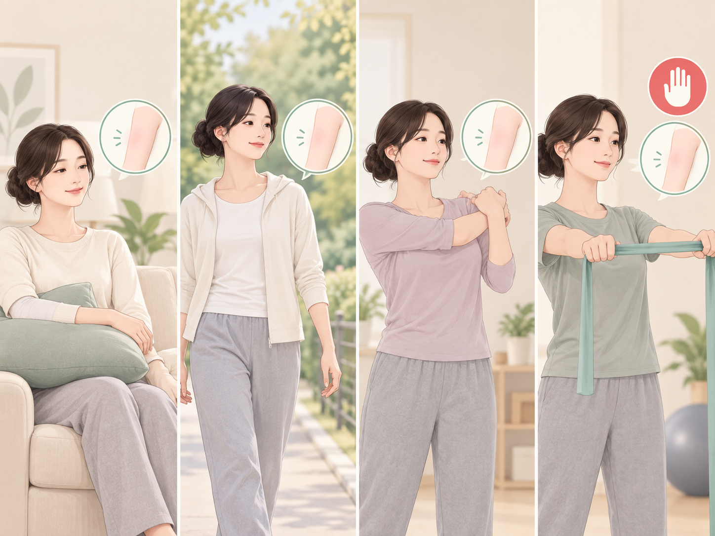 手術直後から三か月までの回復段階ごとに可能な運動の強度がどう変わるのかを示した説明画像