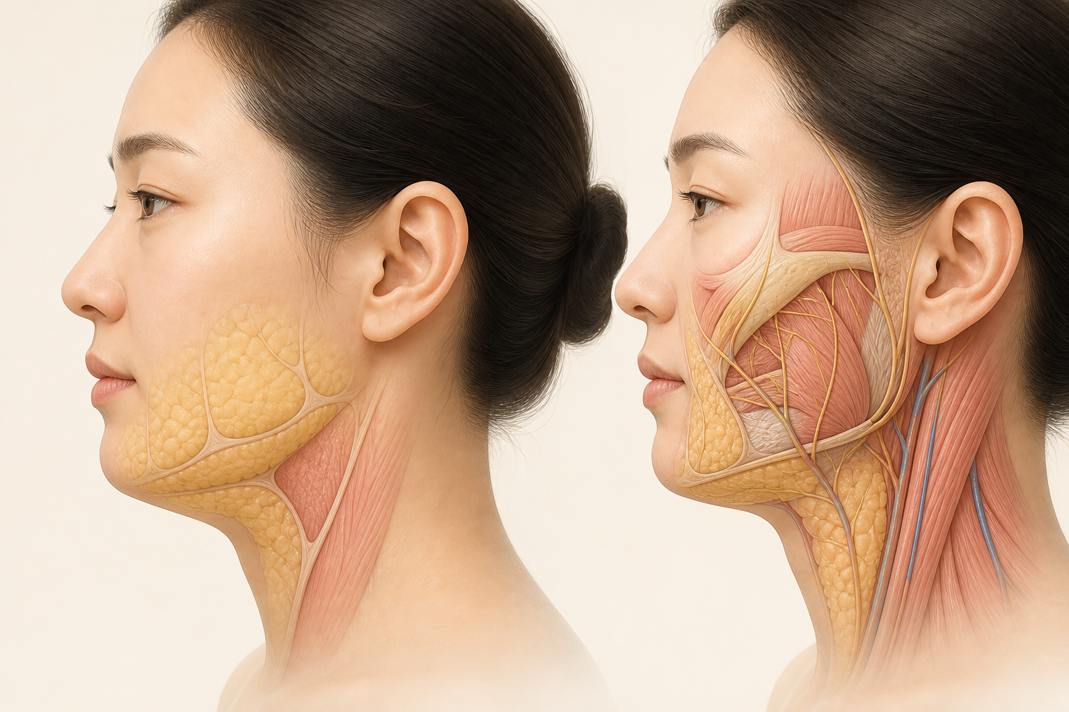 옆모습에서 볼과 턱선, 턱밑의 지방이 여러 칸으로 나뉘어 얇게 깔려 있고 그 아래로 근육과 신경이 지나가는 모습을 나란히 보여주는 단면 설명 이미지