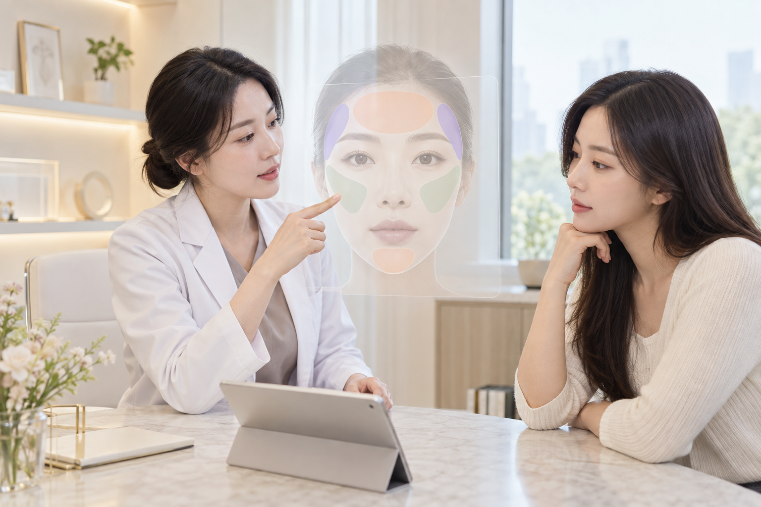 얼굴 위에 이마, 양쪽 관자놀이, 앞볼, 턱끝 구역을 옅은 색으로 나눠 표시하고 상담자가 그 구역을 짚어 설명하는 모습의 설명 이미지