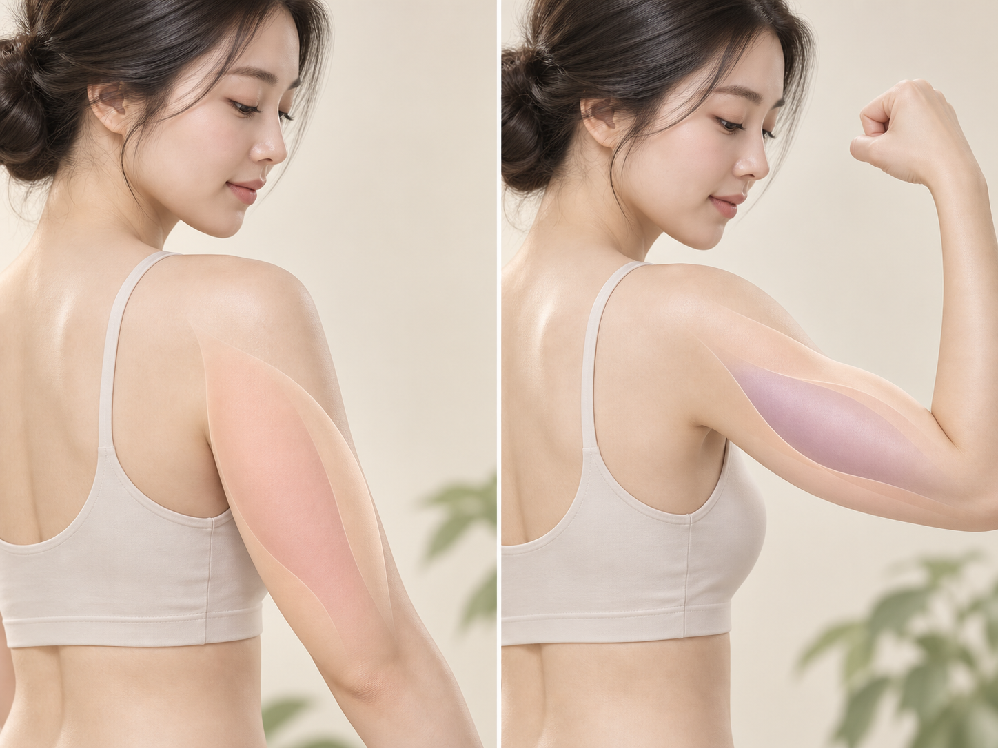 二の腕の裏側で上腕三頭筋とその上を覆う皮下脂肪層がどのように重なっているかを表した断面の説明画像