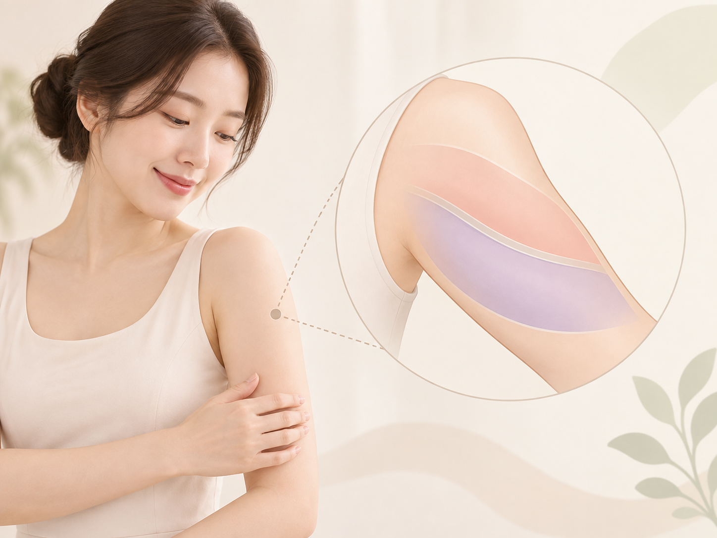 筋膜を境に浅い脂肪層と深い脂肪層が分かれ同じ厚みでも分布が違うことがあると比べた説明画像