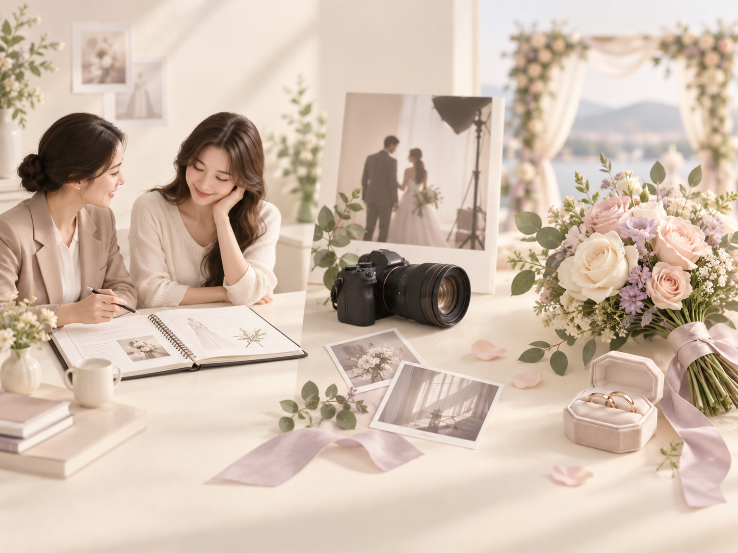 ドレスの試着とスタジオ撮影、本番の三つの日付のうちいちばん早い日が基準になることを示した説明画像