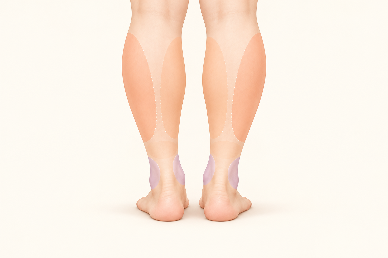 뒤에서 본 무릎 아래 다리 실루엣에 종아리 바깥과 안쪽, 발목 위 구역이 서로 다른 농도의 살구색으로 칠해지고 복사뼈 주변은 옅은 라벤더색으로 비워둔 설명 이미지