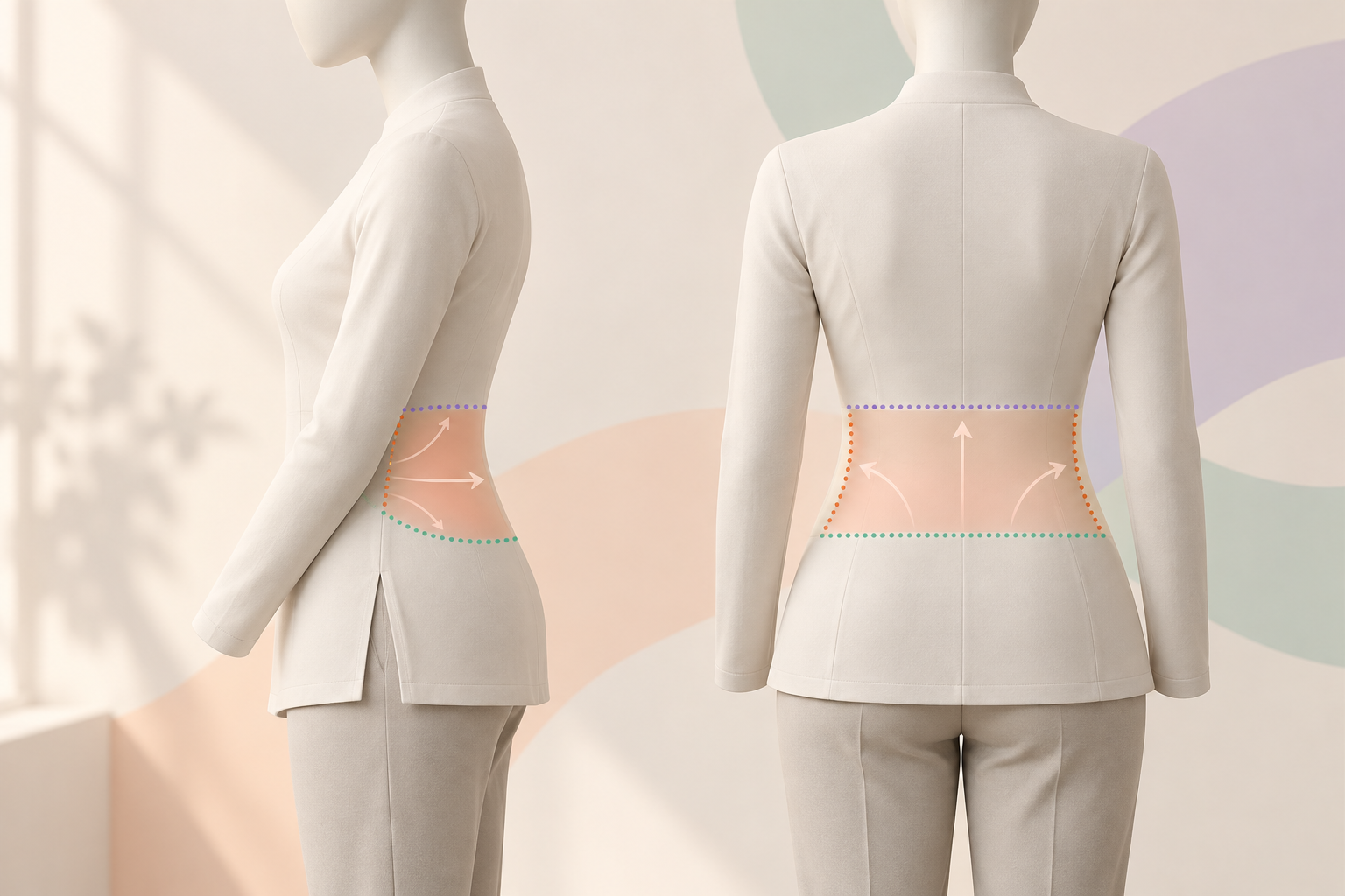 여성 몸통을 옆과 뒤에서 본 단순한 실루엣 두 개를 나란히 두고, 브라라인 아래, 엉덩이 윗선, 옆구리 앞쪽 세 곳에 부드러운 점선 경계를 그어 러브핸들 자리와 이어지는 방향을 옅은 화살표로 표시한 설명 이미지